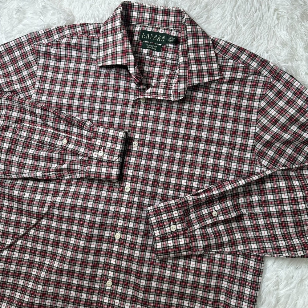 Lauren Ralph Lauren Mens 16 34/35 Purple Plaid Classic Fit Non-Iron Dress Shirt